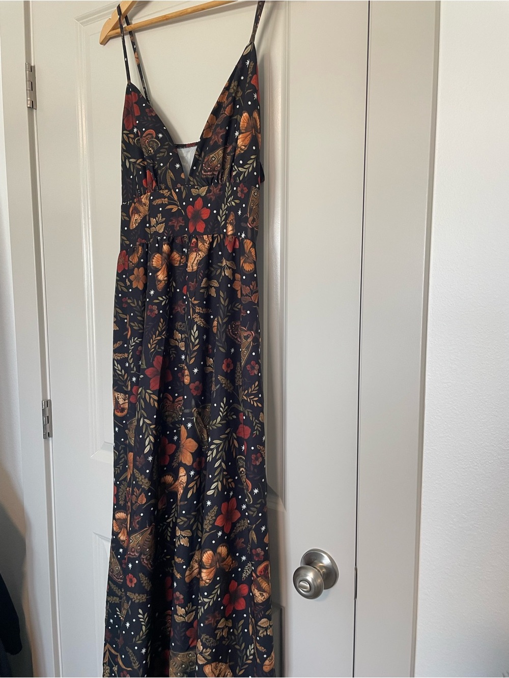 ROMWE Black Maxi Dress with Red and Brown Moth Floral Print - Picture 2 of 7